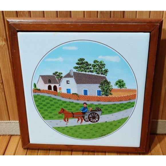 Farmer w/ Turkey in Wagon Design 7"  LAPLAU Ceramic on Wood Trivet Decor Plate - Picture 2 of 6